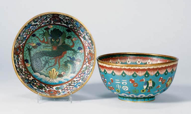 Two Cloisonné Bowls, Japan, mid-19th century, one decorated with foo dogs and dragons, the other with auspicious