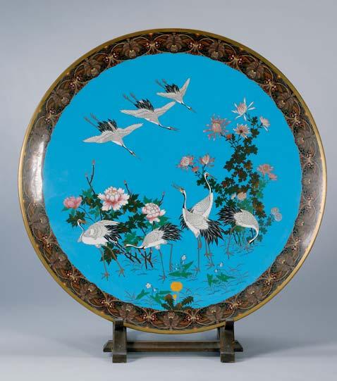 Large Cloisonné Charger, Japan, Meiji period (1868-1911), brocade borders, central panel of cranes and flowers on a