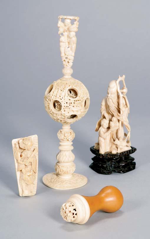 258 260. Three Ivory Carvings, late 19th century, two from China, one of Kuan Yin, the other Shao Lao; together with one from Japan, a woodcutter and a child, ht. 8, 5, 5, respectively.