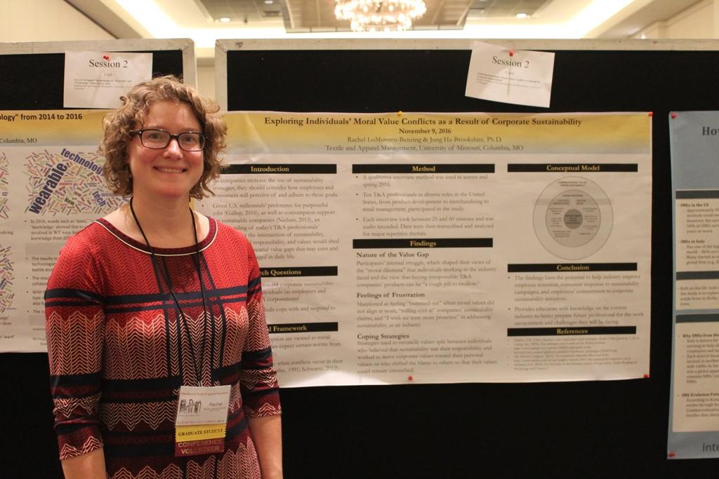TAM Graduate Student Named ITAA Liaison Rachel Lomonaco-Benzing, shown here with her poster presentation at the annual International Textile and Apparel Association (ITAA) conference, was selected by