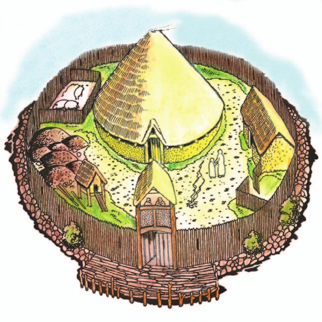 This artist s reconstruction of a crannog in a loch shows the stony platform on which the timber structures were built, and a small jetty at the gate.