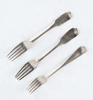 A GROUP OF THREE EARLY 19TH CENTURY INDIAN COLONIAL TABLE FORKS, two of fiddle pattern by Robert Gordon, Madras, struck RG7 ; and Francis
