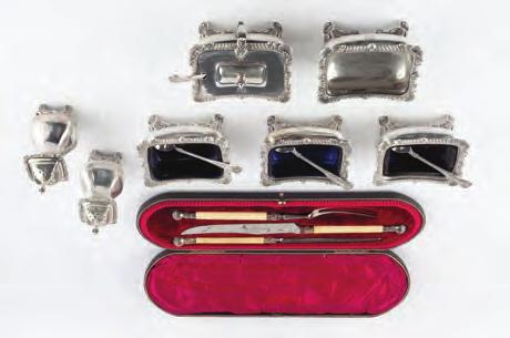 ? possibly Thomas Shepherd, London 1771, 12cm high; a pair of silver pap boats by Henry Matthews, Birmingham 1909; a pair of silver scallop butter dishes; and a silver five bar toast rack by Hukin &