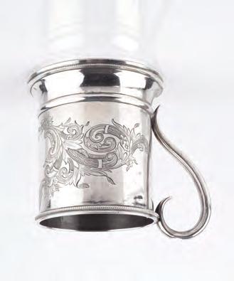 704. A MID 19TH CENTURY AMERICAN COIN SILVER MUG, with beaded borders and engraved decoration by Lincoln & Foss, Boston, impressed