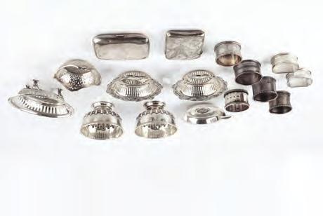 A PAIR OF SILVER PEDESTAL BOWLS, with half lobed decoration, 9cm diameter, a pair of silver pierce decorated small dishes, two further similar dishes, two silver cigarette cases, one