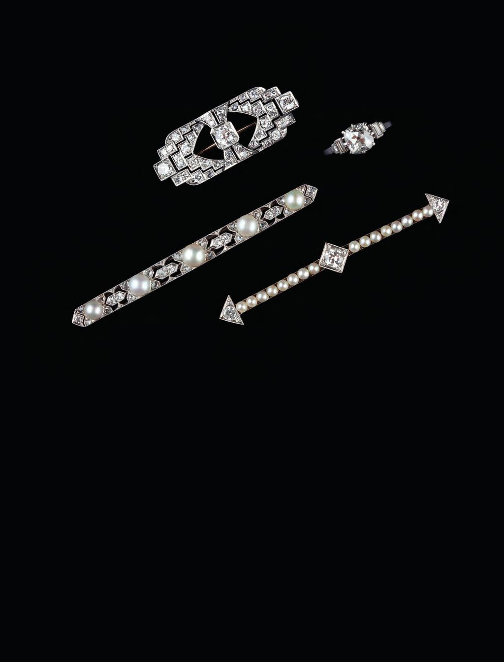 264. AN EARLY 20TH CENTURY HALF PEARL AND DIAMOND BAR BROOCH, the slightly tapered bar of pierced geometric design, millegrain set with single and rose-cut diamonds, spaced by five bouton half
