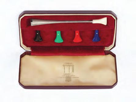 A DUNHILL SILVER CHEROOT HOLDER, of tapered hexagonal design, with five vari-coloured interchangeable plastic mouth pieces, Birmingham 1955, in fitted case 80-120 (plus 24% BP*) Lot 424 427.