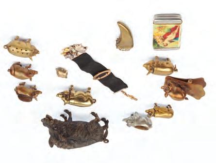 , a small collection of silver pig charms, and a vesta case (qty) 40-60 (plus 24% BP*) 446.