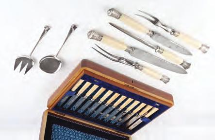 451. A LATE VICTORIAN FIVE PIECE STEEL CARVING SET, with silver mounted ivory handles, in fitted case; a set of twelve silver plated dessert knives and forks, with