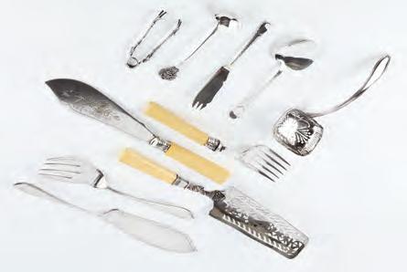 metal spoon and sugar tongs, and a pair of plated fish servers (qty) 50-80 (plus 24% BP*) 459.