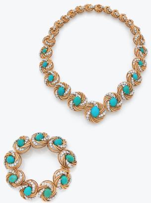 articulated with spiral and knotted disks, set with brilliant-cut diamonds surrounding a turquoise cabochon.