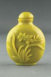 porcelain snuff bottle, of flask form, painted continuous scenes of village scene and