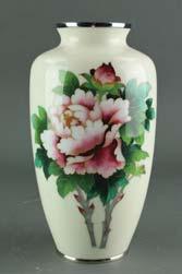 Page: 38 368 Japanese Silver Inlaid Famille rose Porcelain Vase Japanese cloisonne silver vase; featuring peony on milk white