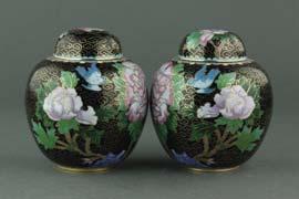 Bronze Jars w/ Covers Pair of Chinese cloisonne bronze jars with covers; featuring peonies on black