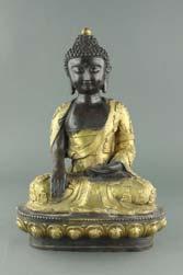 plinth; with custom-made wood stand; H: 30 cm, W: 16 cm, 1981 442 Chinese Gilt Bronze Happy