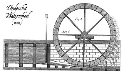 Figure 140 A depiction of an undershot millwheel from 1848 (http://www.engr.psu.edu/mtah/essays/threetypes_waterwheels.