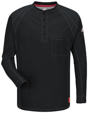 iq LONG SLEEVE HENLEY QT20 FABRIC Flame-resistant 5.3-ounce, 69/25/6 cotton/polyester/polyoxadiazole PROTECTION Category 2 Arc Rating ATPV 8.