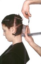Step 3 of 17 - Behind the ear Hold the section of hair that is your cutting guide between the inside of your fingers and pull it parallel to the head shape.