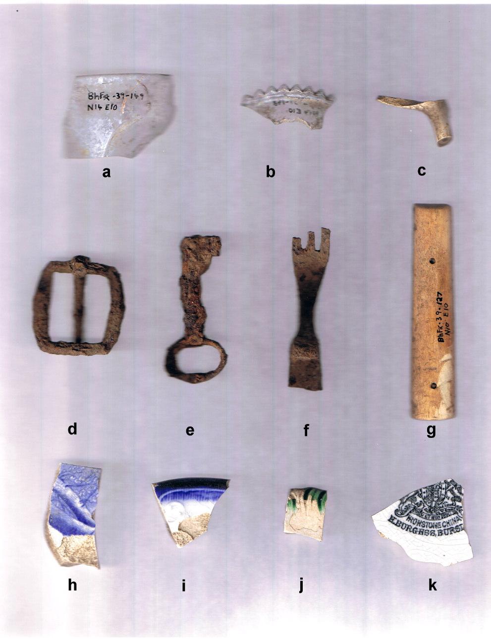 Plate 10: Representative Stage 3 Artifacts from Gourley Site (BhFx-39) a, glass tumbler rim fragment, BhFx-39-149, N14E10 b, clear glass crenellated lantern rim, BhFx-39-148, N14 E10 c, clay pipe