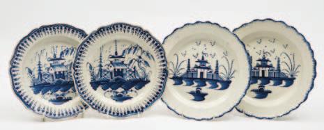 overlapping shell edge painted in blue in the Pagoda and Fence pattern, late 18th century, 24.5 cm diameter.