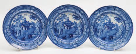 200-400 447 Three blue and white transfer decorated plates of circular form decorated in the Summer House on a Rock pattern, with a central
