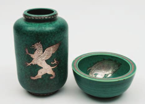 458 459 458 Gustavsberg Argenta Ware, a stoneware vase and bowl the former of cylindrical form inlaid in silver on a mottled green ground with a rampant gryphon between narrow bands, impressed marks,