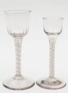 400-500 402 Two opaque twist wine glasses one with ogee shaped bowl with wrythen basal flutes on a straight double series opaque twist stem