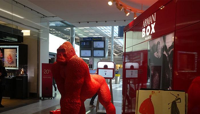 Visitors entering the pop-up are greeted by Uri the gorilla, its signature emblem. ARMANI FACE DESIGNERS Meanwhile, passengers in-store can also have their make-up done by an Armani face designer.