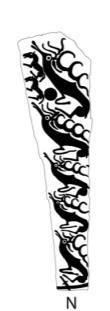 Stone 1: Figure 7: Deer Stone 1--photograph of southern face and drawings of all sides Belt: The belt is represented by a single band, and features an axe and an unknown object hanging from it on the