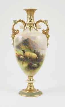342 339 ROYAL WORCESTER 339 Pair RW Urns handled ovoid bodies painted with highland cattle signed J Stinton, 31cm height $10,000-14,000 340 Pair RW Urns tapered cylindrical bodies painted with