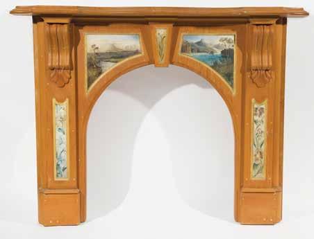 Green Seuffert label to inside of box. W. 29 x H. 7.5 x D. 10.5cm $3,000-5,000 796 Carved Kauri Fire Surround decorated with five hand painted panels attributed to Charles Heaphy.