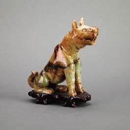 5 128 Mottled Spinach Jade Green Dog The stone with dark brown inclusions and carved in the form of a dog