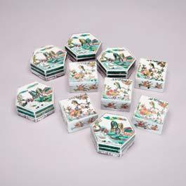 Two Sets of Five Famille Verte Ink Boxes and Covers One set hexagonal with landscape design; the