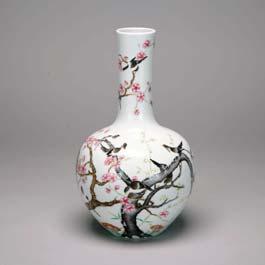 7 152 Famille Rose Sparrow and Prunus Flower Vase, Qianlong Mark With a tall cylindrical neck rising from