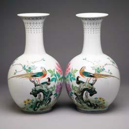 of flora and fauna including mandarin ducks, phoenixes, and cranes TOGETHER WITH two blue and white lotus bottle