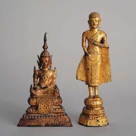 44 Two Gilt Bronze Figures of Buddha, Thailand, 19th A seated Buddha with tall cranial flame; and a