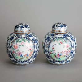 2 26 93 Pair of Export-Style Blue, White, and Famille Rose Ginger Jars Both of typical form with lotus sprays forming a