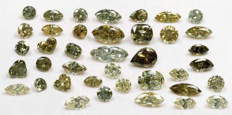 Figure 3. The collection of 39 chameleon diamonds (0.29 to 1.93 ct) is shown at room temperature (top) and when heated to 150 C (bottom). Photos by Julia Kagantsova, EGL.