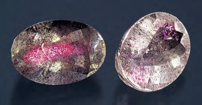 Figure 13. Covellite inclusions are responsible for the hot pink schiller in these two samples of smoky and near-colorless quartz (18.81 and 18.00 ct).