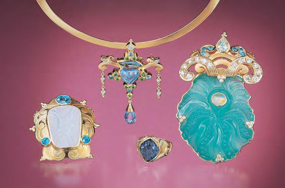 Figure 2. These pieces are from Paula Crevoshay s Elements collection. From left are Ether, a brooch featuring a 53.80 ct carved opal with zircon; Spring Waterfall, incorporating a 6.