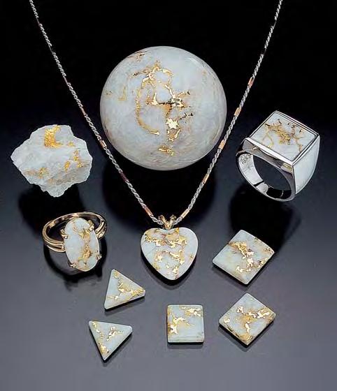 Figure 11. Renewed mining of a historic lode deposit in Mariposa County, California, is producing gold-in-quartz for jewelry uses, as well as polished art objects and specimens. The sphere measures 3.