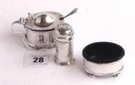 1896, 225g, 25-40 Birmingham silver three piece condiment set with ribbed decoration, dated 1897, 80g, 30-40 Birmingham silver sugar caster of plain form with vase shaped lower body, 1938, 139g,