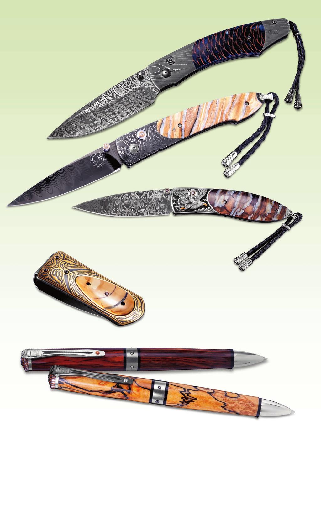 A A. -12 lue Spruce. Norway blue spruce pine cone with twist amascus frame. Hornets nest amascus blade and genuine sapphire thumb stone and button lock, $1,500. -12 Spear point.