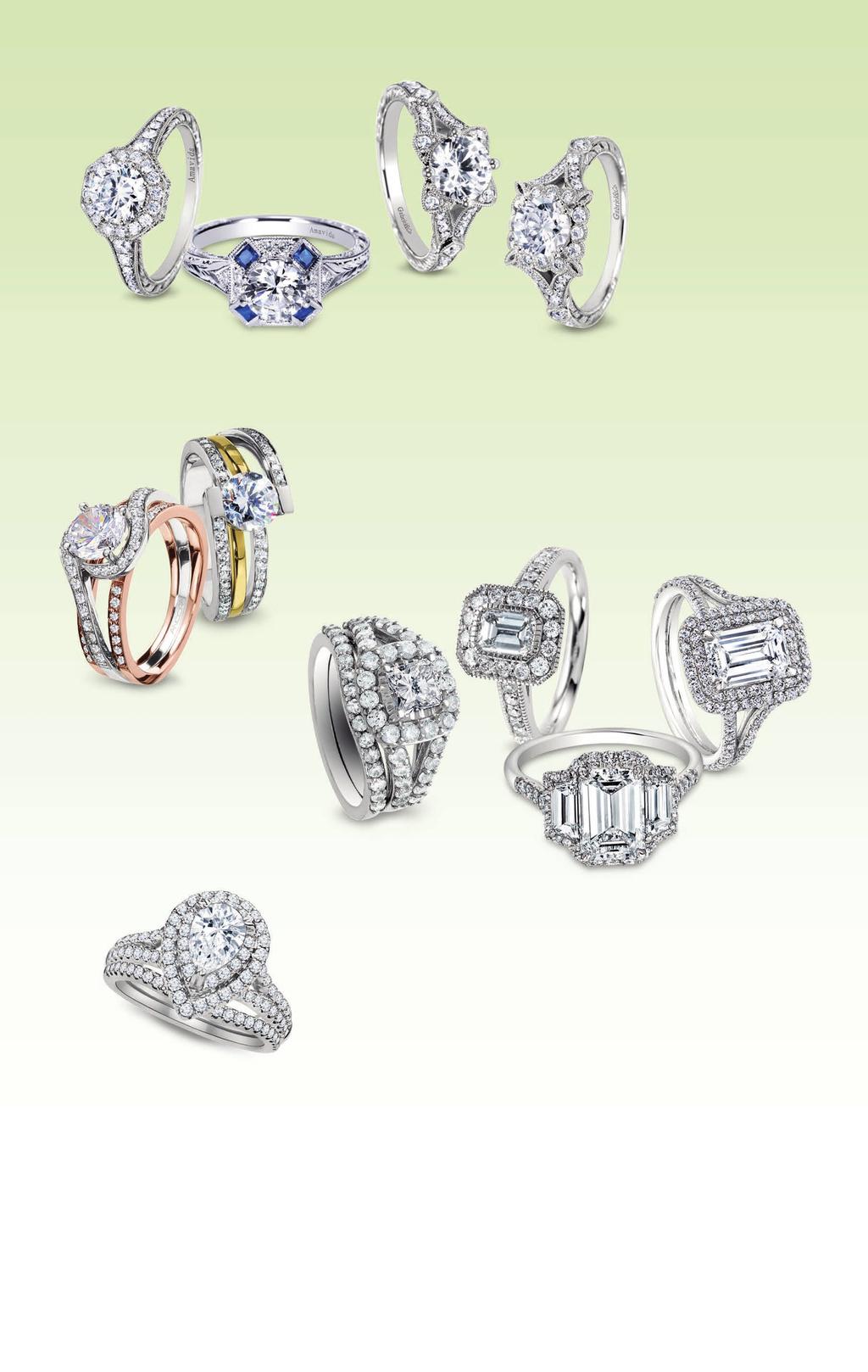 A H J G I K A. Platinum and diamond milgrain ring with 0.43ctw, $2,979*. Platinum and diamond milgrain ring with 0.24ctw sapphires and 0.09ctw diamonds, $2,150*. 14kt white gold milgrain ring with 0.