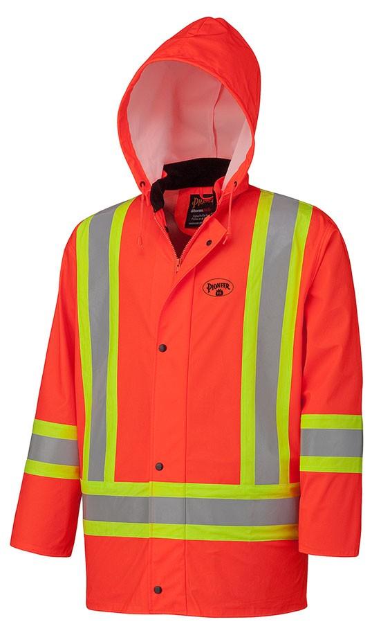 Product Code: 5892 PU FR fabric, waterproof, heat sealed welded seams, 2 inch silver tape with 1 inch contrast tape on either side (MOT style), extra large removable hood to wear over a hard hat