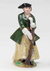 18. A Dresden miniature figure of a sportswoman, standing, wearing a yellow skirt, green hunting coat and black tricorn hat, and holding a gun in her right hand, on mound base,