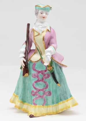 A Vienna figure of a sportswoman, standing, wearing a yellow trimmed turquoise skirt, gilt trimmed puce hunting coat and turquoise hat, and holding a