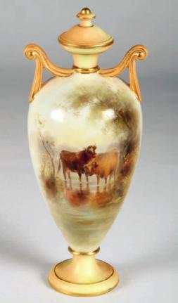 Realised 420 34 Early 20th Century Royal Worcester vase and cover, ovoid form with twin handles, decorated with a beautifully painted