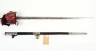 Realised 550 237 George III Light Company Officer sword circ 1803 leather scabbard with gilt metal mounts, 75cm blade.