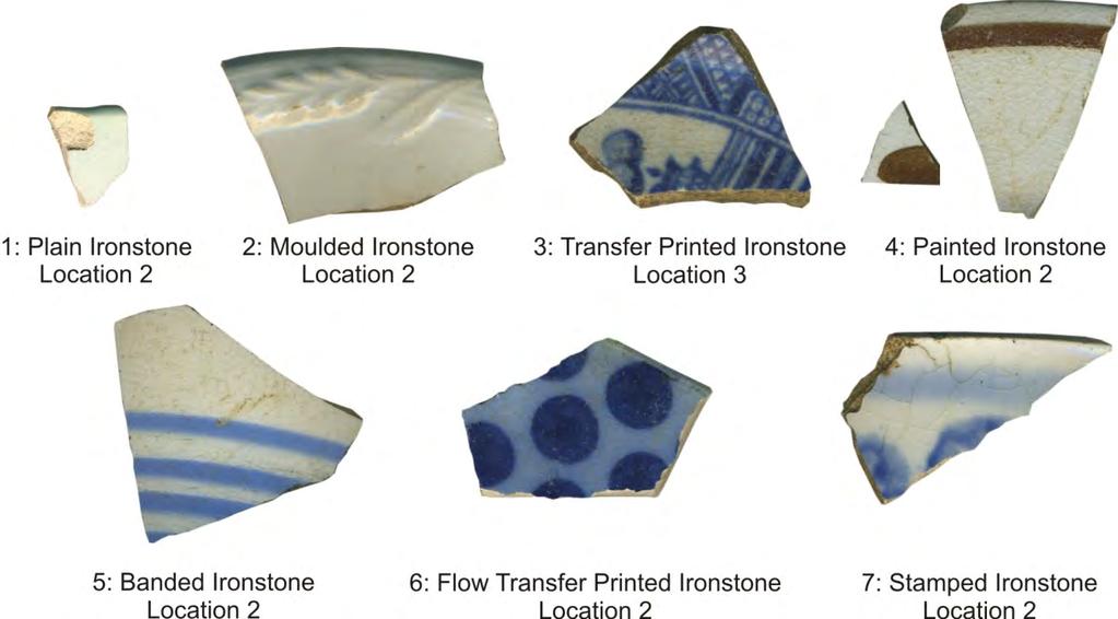 Artifact Freq. % whiteware, banded 2 0.24 whiteware, stamped 2 0.24 ironstone, stamped 1 0.12 redware 1 0.12 Total Ceramic Artifacts 851 100.